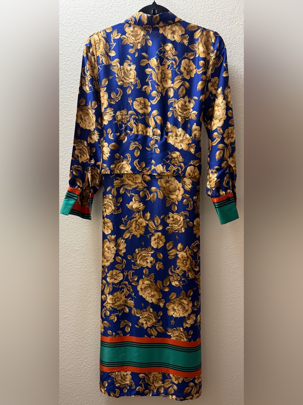 ZARA Blue Floral Satin Maxi Shirt Dress S Boho Oriental Caftan Long Sleeve - Picture 12 of 15